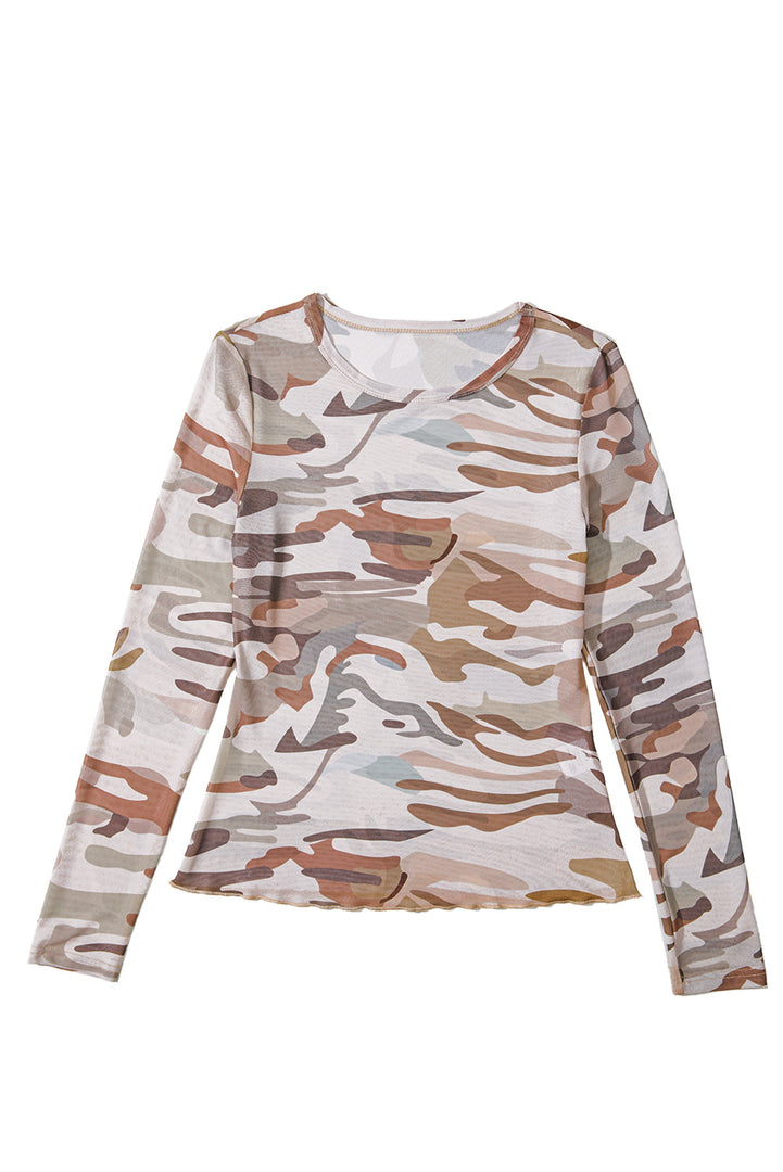 Green Western Fashion Camouflage Print Mesh Long Sleeve Top