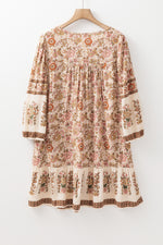 Load image into Gallery viewer, Apricot Floral Print Tassel Drawstring V Neck Loose Mini Dress
