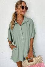 Load image into Gallery viewer, Spinach Green Half Button Collared Loose Romper
