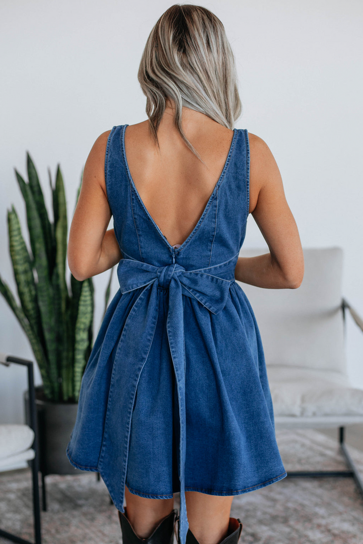 Sail Blue Square Neck Bowknot A-line Sleeveless Denim Dress - Fashion Queen -  4