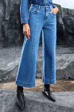Load image into Gallery viewer, Dark Blue Plain Seam Detail Flared Bottom Ankle Length Jeans - Fashion Queen -  16
