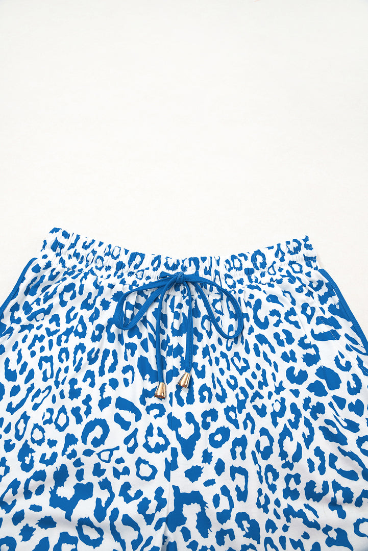 Pink Leopard Elastic Waist Lace up Contrast Trim Casual Shorts