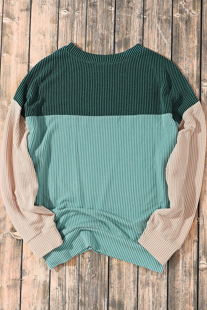 Multicolor Color Block Long Sleeve Ribbed Loose Top - Fashion Queen -  10