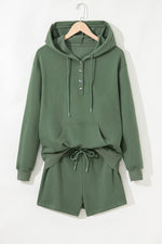 Load image into Gallery viewer, Black Button Drawstring Hooded Pullover and Casual Short Set
