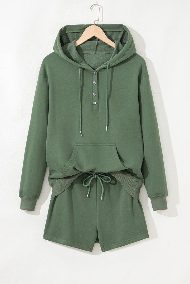 Black Button Drawstring Hooded Pullover and Casual Short Set