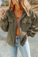 Load image into Gallery viewer, Black Flap Pocket Drawstring Hood Zip Up Jacket
