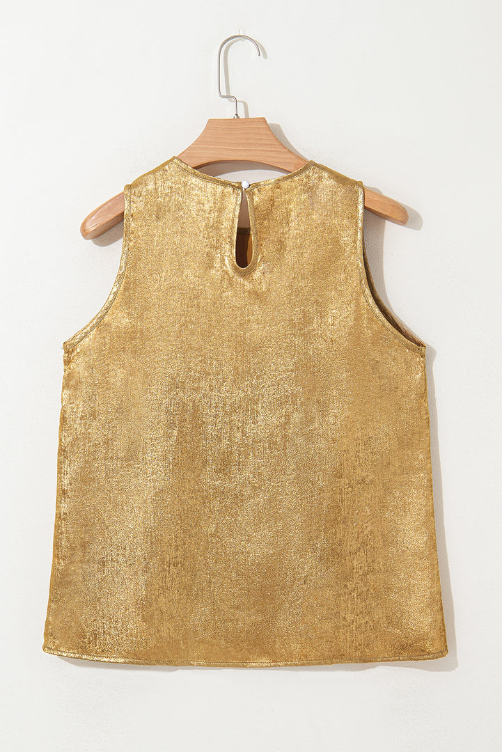 Gold Metal Textured Round Neck Casual Tank Top