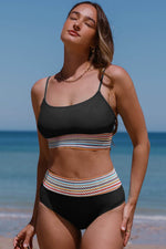 Load image into Gallery viewer, Black Striped Patchwork Spaghetti Strap High Waist Bikini Swimsuit - Fashion Queen -  15
