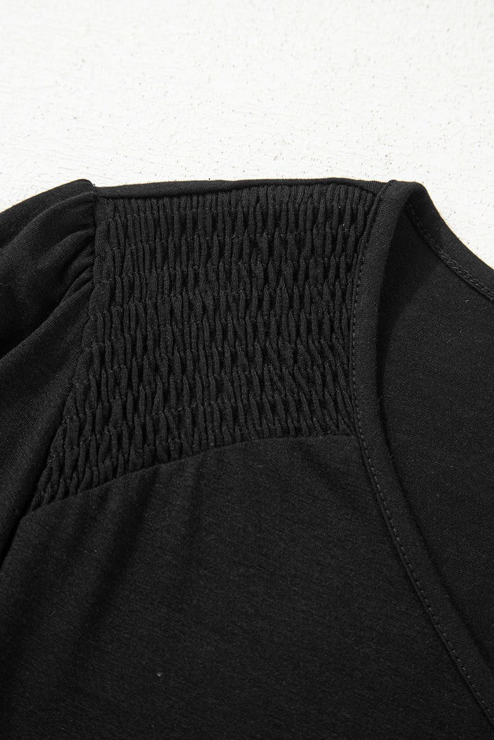 Black Shirred Shoulder Frilled Cuffs Long Sleeve Top