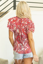 Load image into Gallery viewer, Red Vintage Floral Ruffle Sleeve V Neck Blouse
