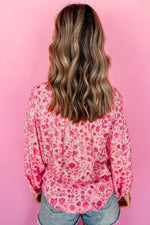Load image into Gallery viewer, Pink Floral Puff Sleeve Split Neck Lightweight Blouse - Fashion Queen -  2
