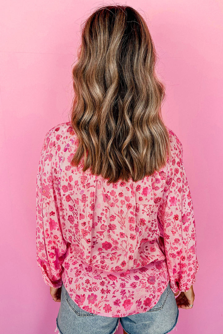 Pink Floral Puff Sleeve Split Neck Lightweight Blouse - Fashion Queen -  2