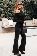 Load image into Gallery viewer, Black Ribbed Knit Cold Shoulder Choker Neck Sweater
