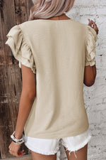Load image into Gallery viewer, Beige Solid Color Ruffled Short Sleeve Casual Blouse
