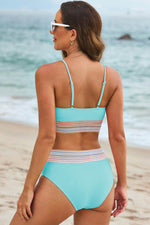 Load image into Gallery viewer, Black Striped Patchwork Spaghetti Strap High Waist Bikini Swimsuit - Fashion Queen -  5

