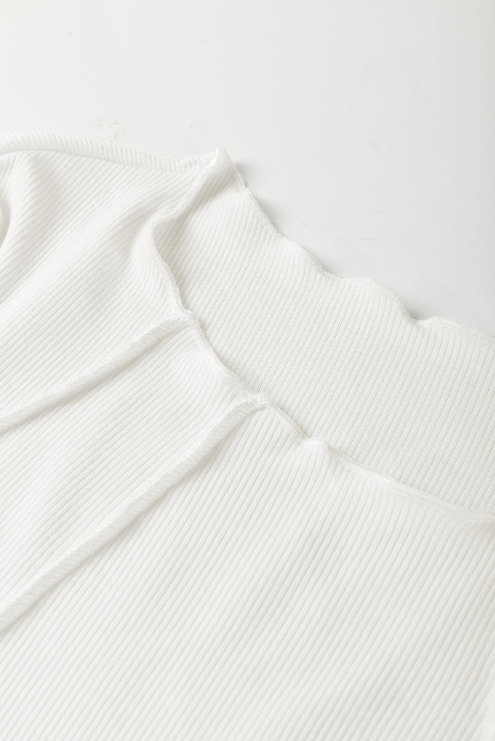 White Exposed Seam Ribbed Knit Slim Fit Long Sleeve Top
