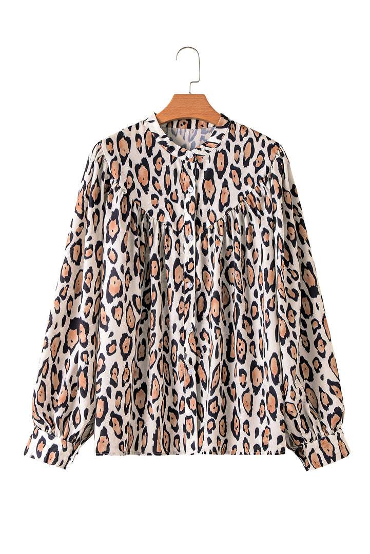 Rose Red Oversized Leopard Print Balloon Sleeve Casual Shirt
