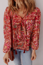 Load image into Gallery viewer, Multicolour Ethnic Paisley Print Tassel Tie Puff Sleeve Boho Blouse - Fashion Queen -  5
