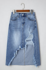 Load image into Gallery viewer, Myosotis Irregular Distressed Bottom Denim Midi Skirt
