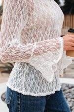 Load image into Gallery viewer, White Sheer Lace Bell Sleeve Mock Neck Blouse
