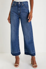 Load image into Gallery viewer, Real Teal Raw Hem Straight Leg Loose High Waist Jeans
