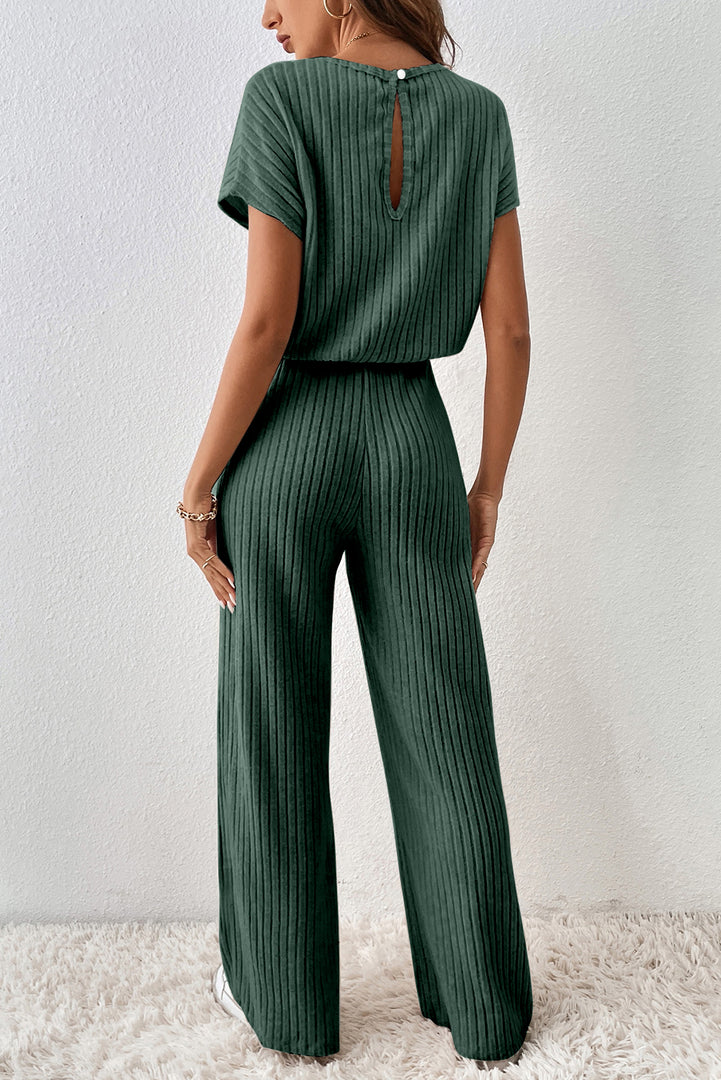 Mist Green Ribbed Keyhole Short Sleeve Wide Leg Jumpsuit - Fashion Queen -  2