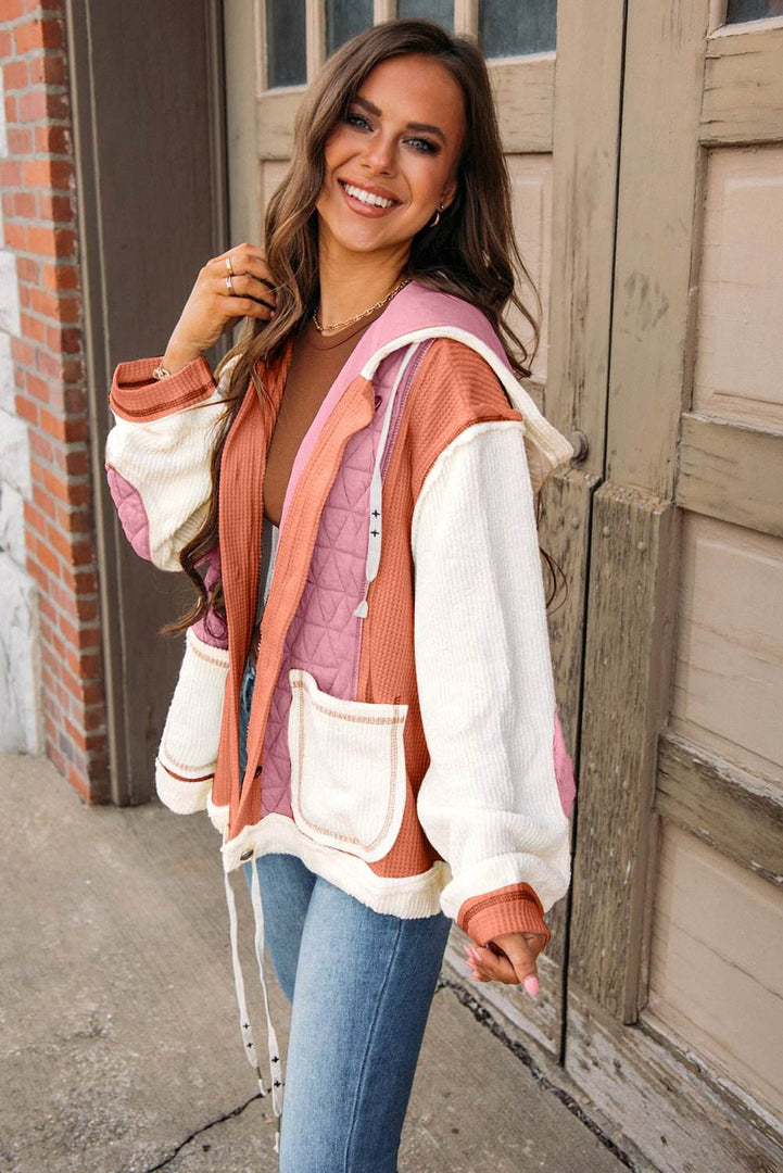 Beige Quilted Textured Patchwork Loose Fit Hooded Jacket - Fashion Queen