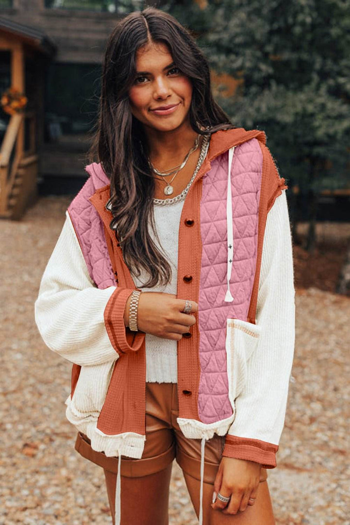 Beige Quilted Textured Patchwork Loose Fit Hooded Jacket - Fashion Queen