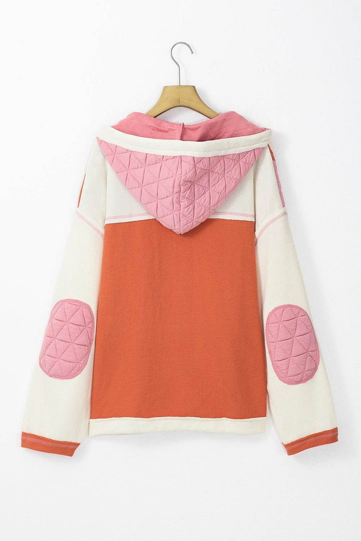 Beige Quilted Textured Patchwork Loose Fit Hooded Jacket - Fashion Queen