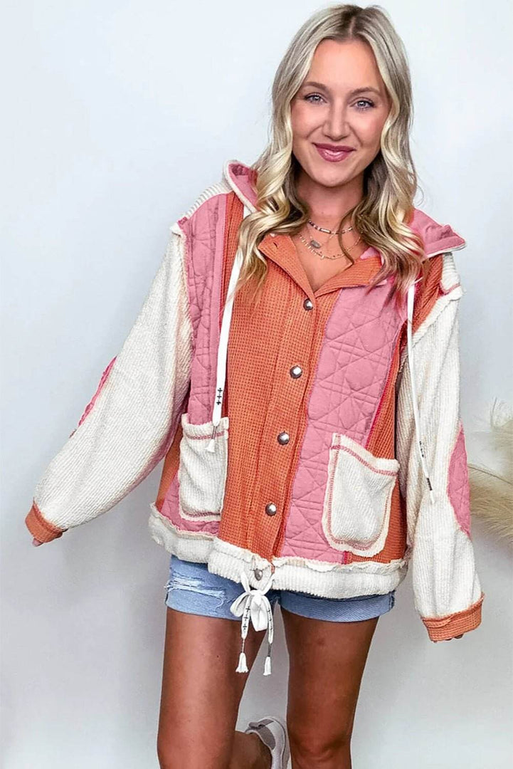 Beige Quilted Textured Patchwork Loose Fit Hooded Jacket - Fashion Queen