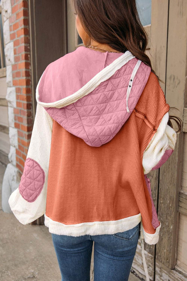 Beige Quilted Textured Patchwork Loose Fit Hooded Jacket - Fashion Queen