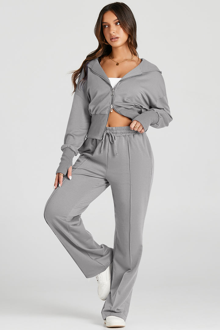 Black Double Zipper Hooded Jacket and Sweatpants Active Set