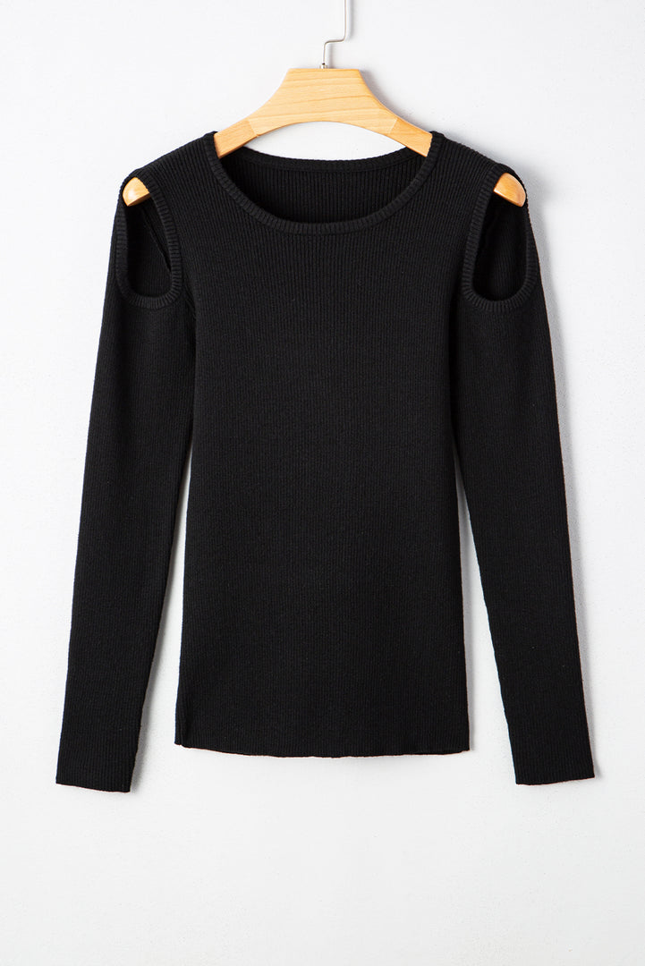 Black Ribbed Knit Cold Shoulder Sweater - Fashion Queen -  5