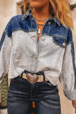 Load image into Gallery viewer, Dusk Blue Color Block Patchwork Flap Detail Distress Denim Jacket - Fashion Queen -  5

