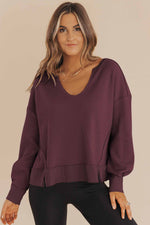 Load image into Gallery viewer, Casual Waffle Knit Notched V Neck Drop Shoulder Solid Sweatshirt
