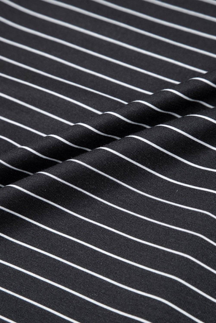 Black Stripe Ruffled Short Sleeve Crew Neck T Shirt Shift Mini Dress - Fashion Queen