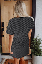 Load image into Gallery viewer, Black Stripe Ruffled Short Sleeve Crew Neck T Shirt Shift Mini Dress - Fashion Queen
