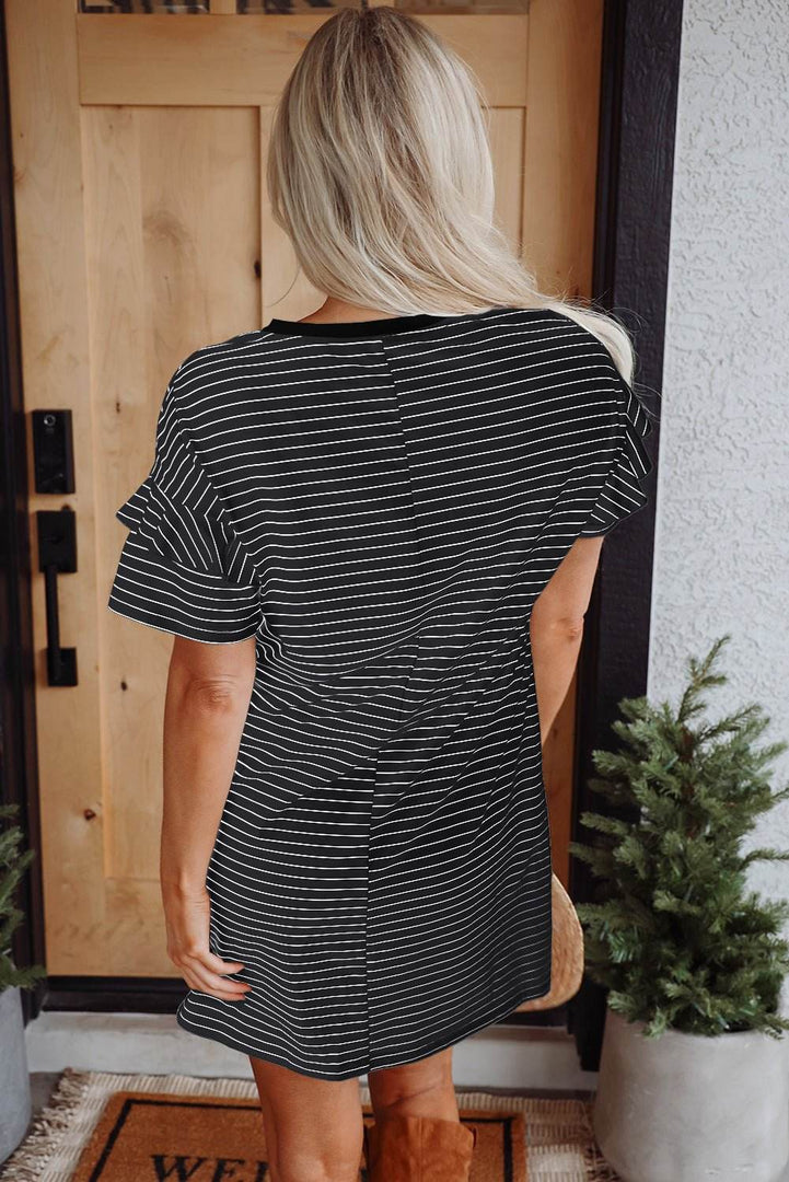 Black Stripe Ruffled Short Sleeve Crew Neck T Shirt Shift Mini Dress - Fashion Queen