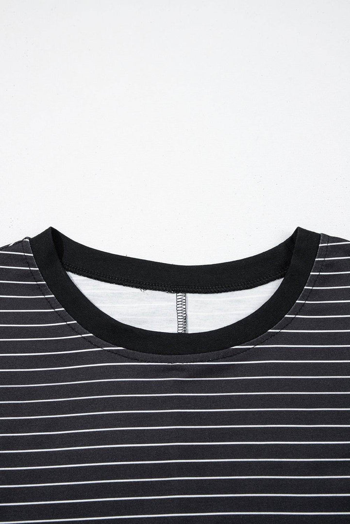 Black Stripe Ruffled Short Sleeve Crew Neck T Shirt Shift Mini Dress - Fashion Queen