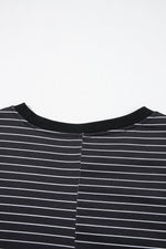 Load image into Gallery viewer, Black Stripe Ruffled Short Sleeve Crew Neck T Shirt Shift Mini Dress - Fashion Queen
