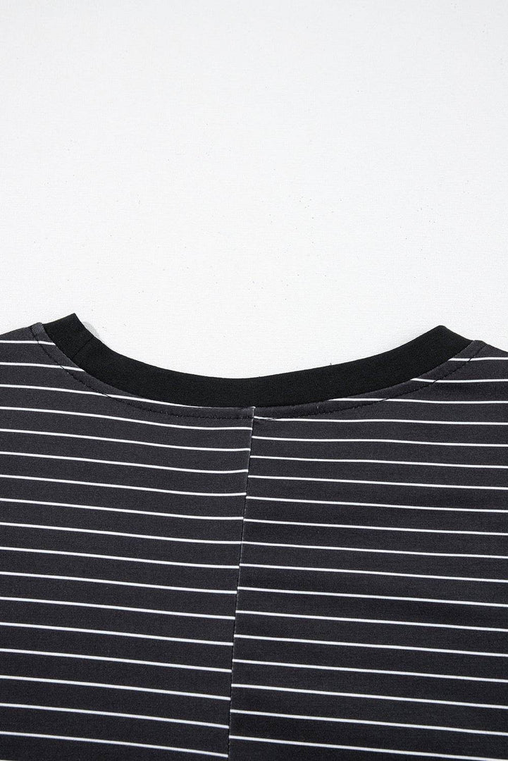 Black Stripe Ruffled Short Sleeve Crew Neck T Shirt Shift Mini Dress - Fashion Queen