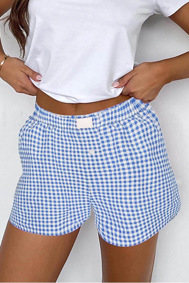 blue Red Plaid Gingham Printed High Waist Shorts - Fashion Queen -  1