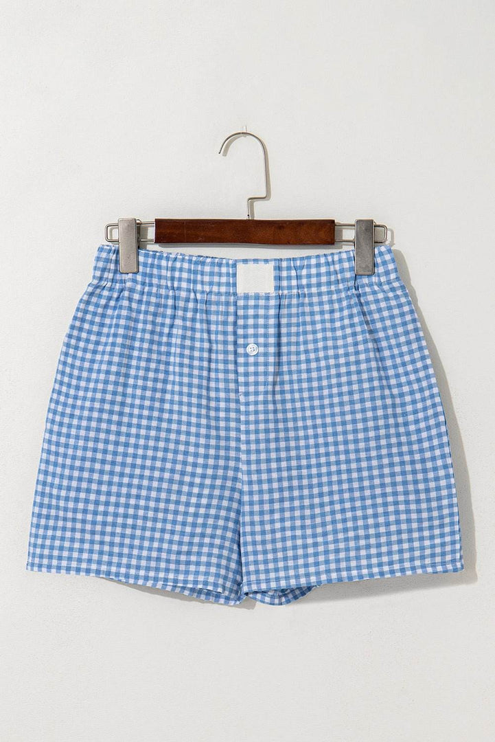 blue Red Plaid Gingham Printed High Waist Shorts - Fashion Queen -  4