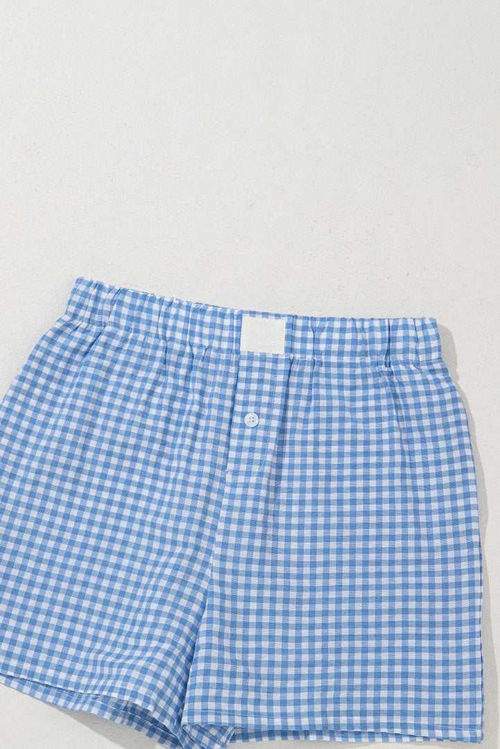 blue Red Plaid Gingham Printed High Waist Shorts - Fashion Queen -  6