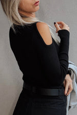 Load image into Gallery viewer, Black Ribbed Knit Cold Shoulder Sweater - Fashion Queen -  2
