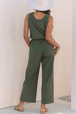Load image into Gallery viewer, Vineyard Green Buttoned Drawstring Waist Sleeveless Wide Leg Jumpsuit
