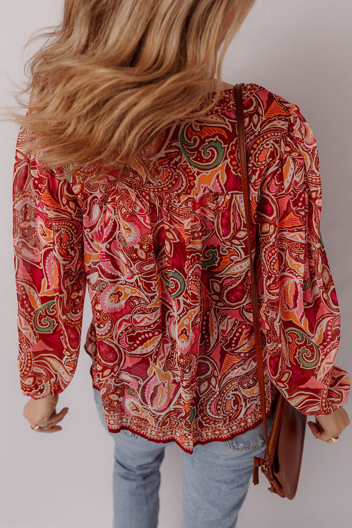 Multicolour Ethnic Paisley Print Tassel Tie Puff Sleeve Boho Blouse - Fashion Queen -  2