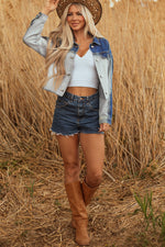 Load image into Gallery viewer, Dusk Blue Color Block Patchwork Flap Detail Distress Denim Jacket
