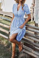 Load image into Gallery viewer, Sky Blue Stripe Button Tassel Tie Detail Frilled Short Sleeve Flared Midi Dress - Fashion Queen -  3

