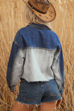 Load image into Gallery viewer, Dusk Blue Color Block Patchwork Flap Detail Distress Denim Jacket
